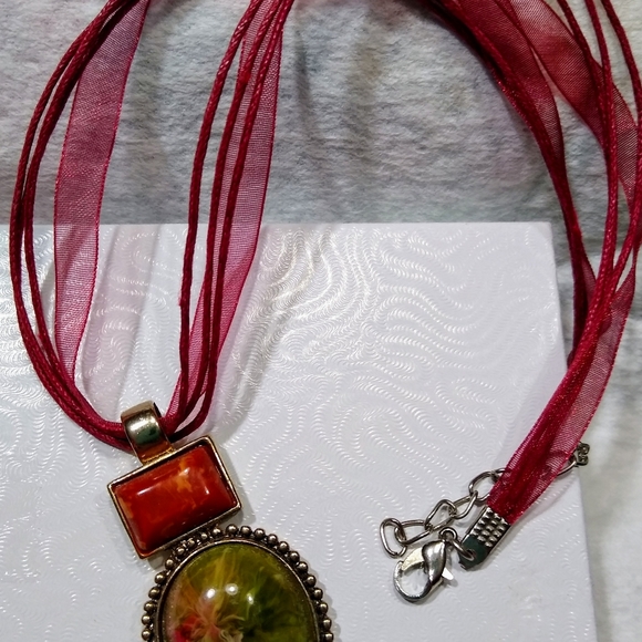 Roman Unakite Stone Pendant on Organza Ribbon Cord - Picture 5 of 8